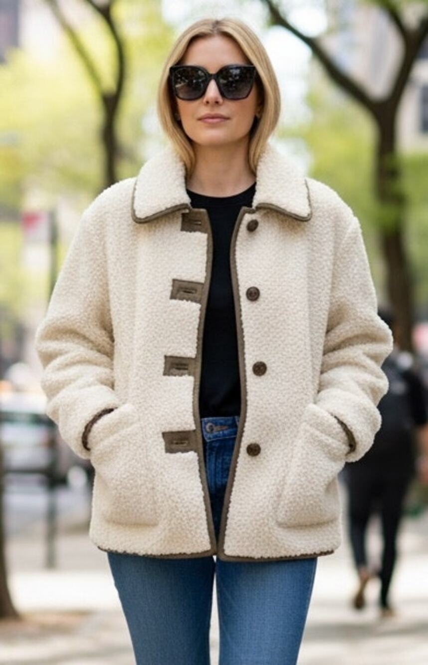 J. CREW COAT JACKET TEDDY SHERPA BARN IVORY GREEN MINIMALIST PREPPY COMFORT